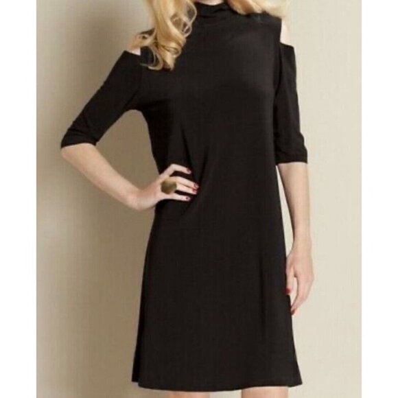 Clara Sun Woo Sz XS Black Mock Neck Cold Shoulder Slinky A Line Shift Dress USA - Picture 1 of 8